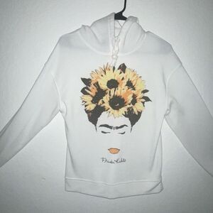 Frida Kahlo Women's White Hoodie with Sunflower Design XS Size